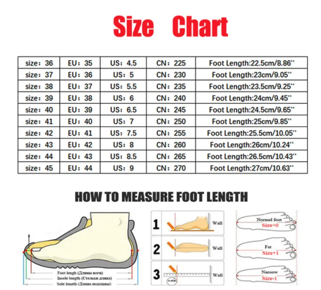 Shoe size chart – EU, US, CN and foot length